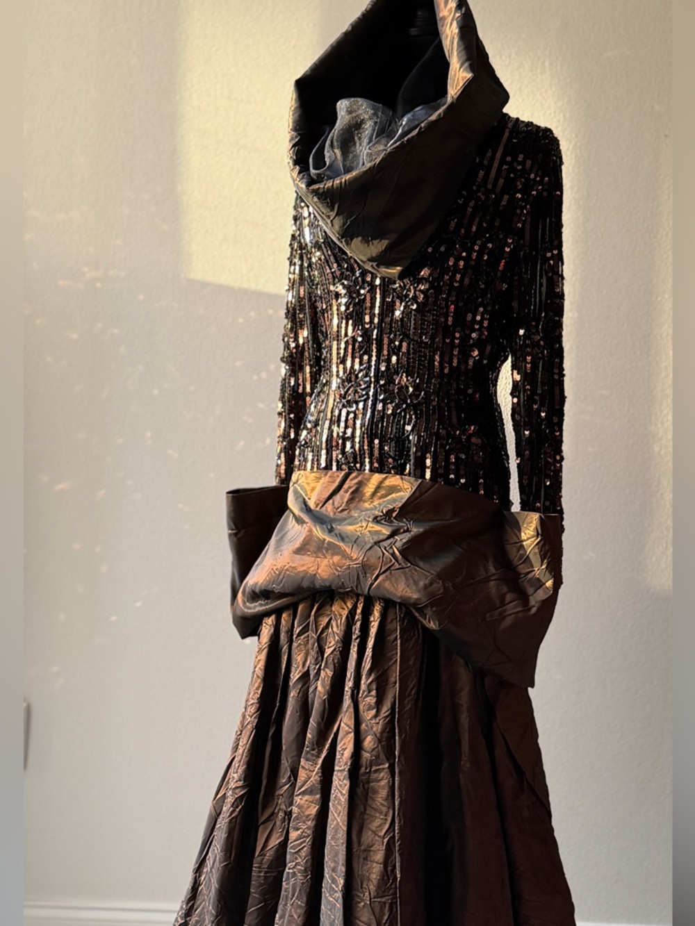 Upcycled Chocolate Brown Sequin Beaded Evening Gown with Draped Skirt